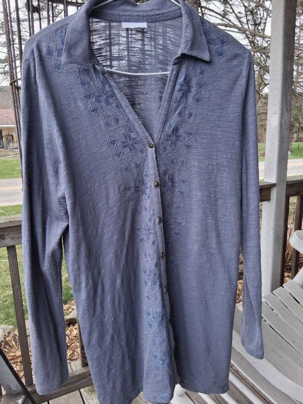 J Jill Top Womens Small Light Blue Tunic Long Sleeve Embroidered Lightweight